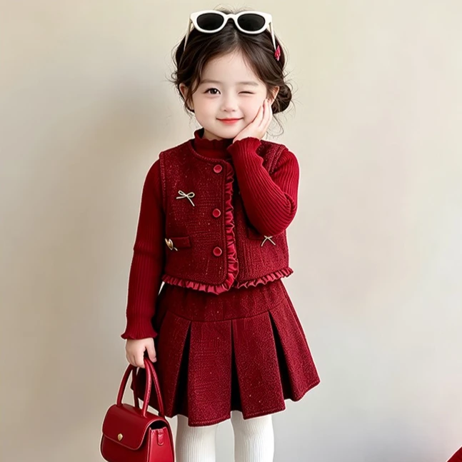 Girls Suit 2026 Autumn and Winter New Childrens Clothing Korean Girl Baby Knitted Sweater Hook Flower Vest Skirt Three Sets