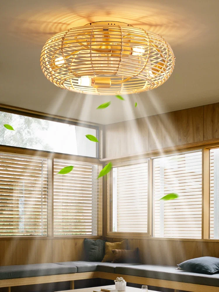 Homestay Fan Ceiling Light Surprise Silent Wind Japanese Vine Weaving Bedroom Study Restaurant Retro Wind Remote