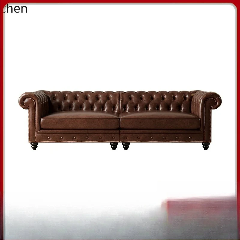 DSA retro oil wax leather buckle sofa large apartment high-end living room leather sofa