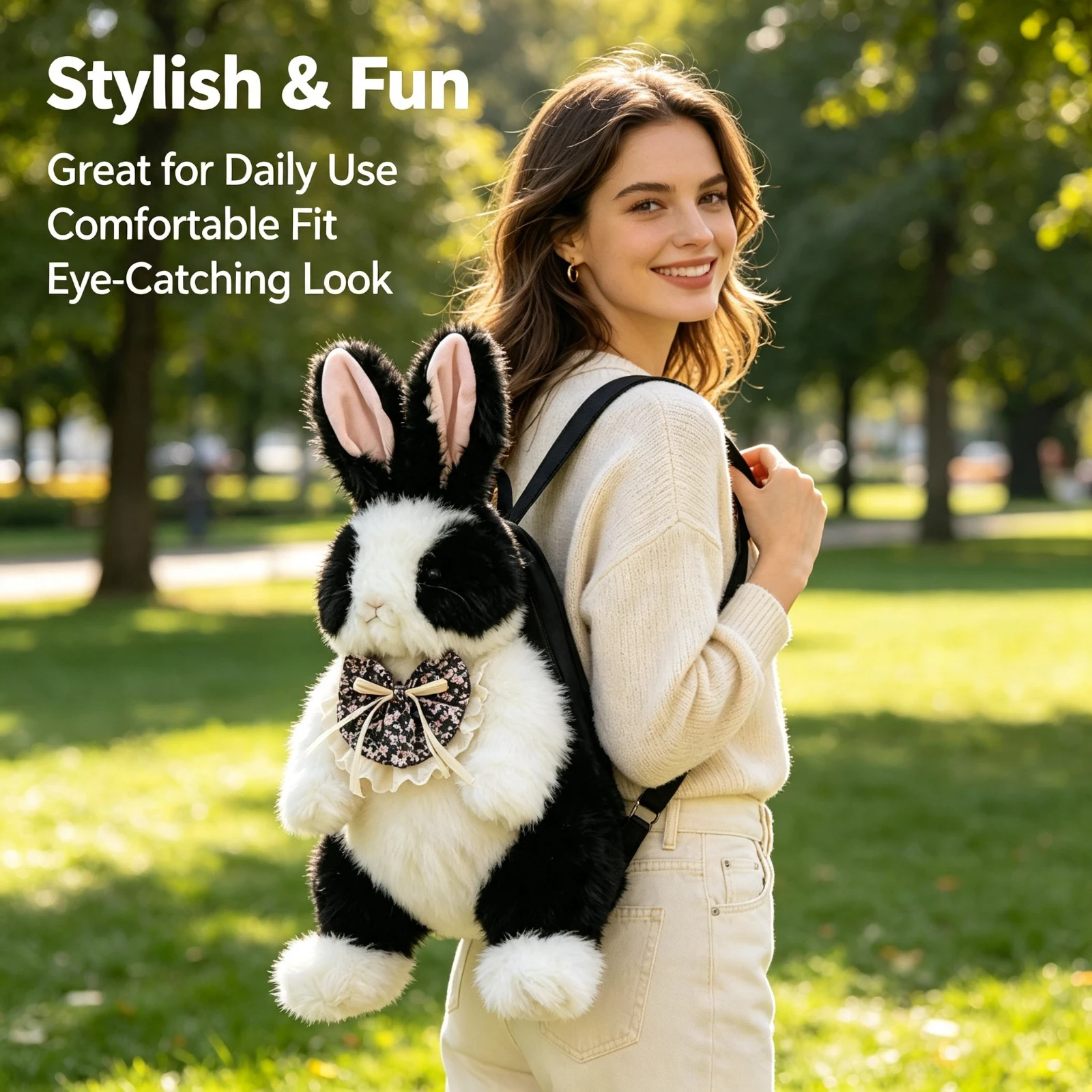 Cute Faux Fur Rabbit Plush, Backpack Stuffed Animal Doll Bag, Black White Bunny Shoulder Bag, For Girls Kids Birthday Gift, Toy
