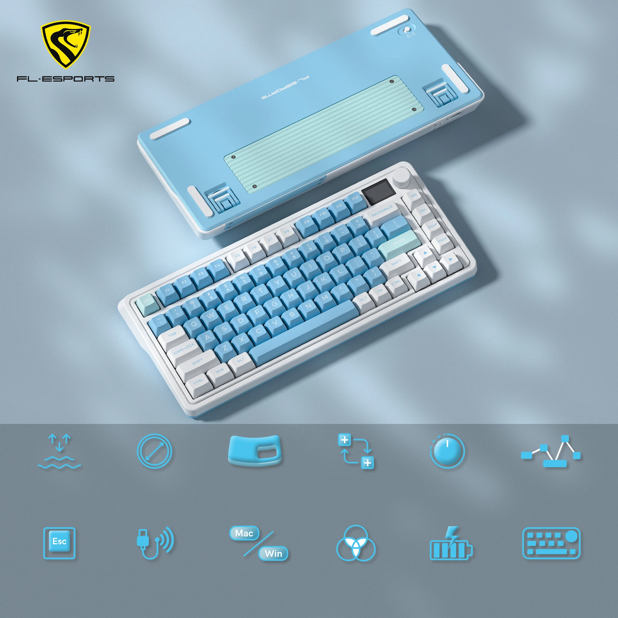 Fl-ESPORT CMK75 Sky Blue Tri-Mode 75% Bluetooth Wireless Mechanical Gaming Keyboard Hot Swappable Spring Gasket mounted