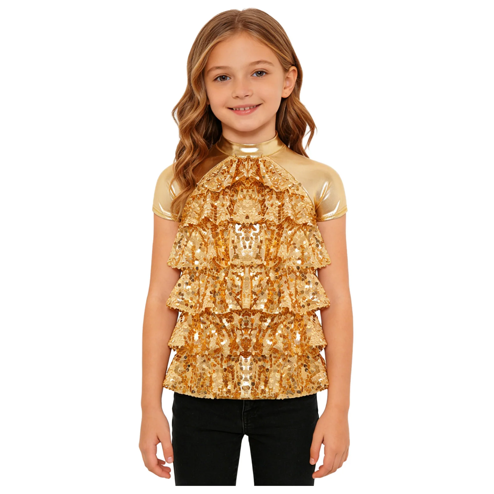 Kids Girls Hip Hop Jazz Dance Performance Top Short Sleeve Metallic Shiny Sequin Mesh Tiered T-shirt School Party Show Dancewear