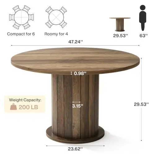 47-Inch Round Conference Table with Sturdy Pedestal for 4-6 | Rustic Meeting Table with Thick Tabletop, Circular Office