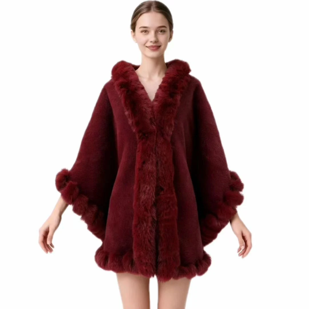 ファッションエレガントなフェイクファーのトリムが付いた厚手のウールのケープコート、ロングポンチョ、女性用冬用暖かい快適なアウターウェア、パーティー、旅行用のマント