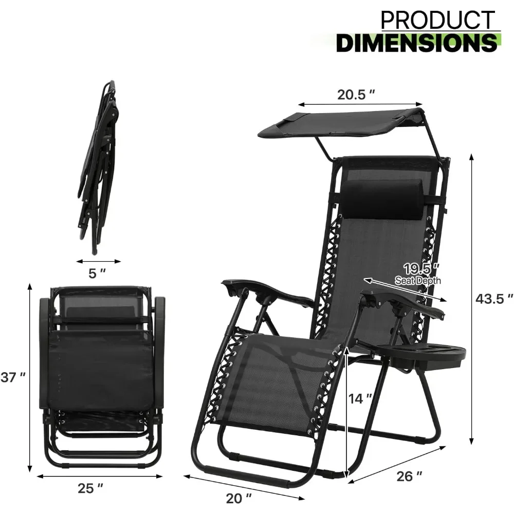 Zero Gravity Cadeira Reclinável, espreguiçadeira ao ar livre, Sun Shade e Mesh Back, suporte de copo e mesa lateral, 300lbs Suporte, preto, conjunto de 2