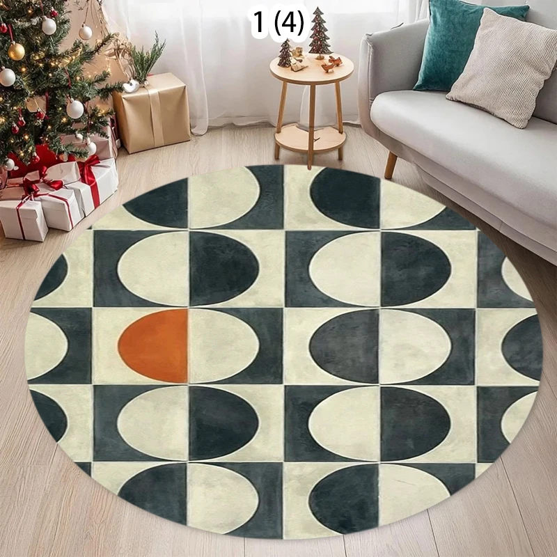 Mid-Century Geometric Round Rug Modern Black White Orange Semicircle Print Floor MatNon-Slip Living Room Carpet Rugs for Bedroom