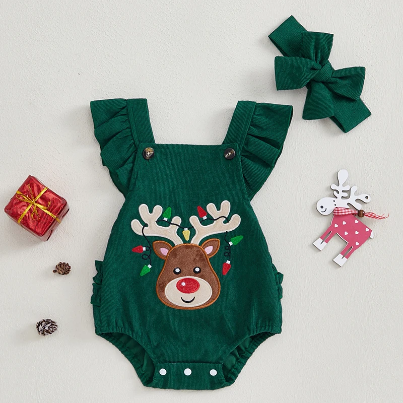 2024-08-02 Lioraitiin 0-18M Baby Girls Christmas Jumpsuit Flying Sleeve Elk Embroidery Rompers with Headband