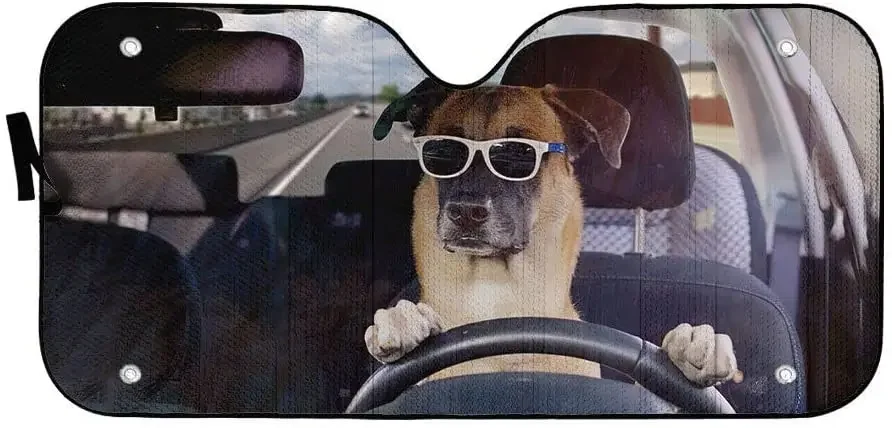 German Shepherd Guard Dog Driving Car Sunshade, Funny German Shepherd Wearing Glasses Guard Dog Driving Auto Sun Shade, Windshie