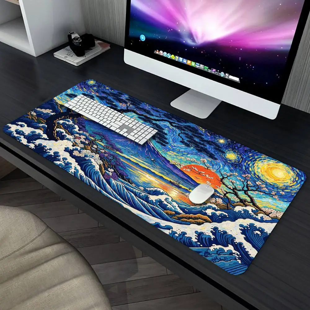 Mount Fuji Wave Art Print Large Mouse Pad Smooth Durable Card Desk Mat Stitched Edge Non‑Slip Play Mat Home Office CP Game Mat