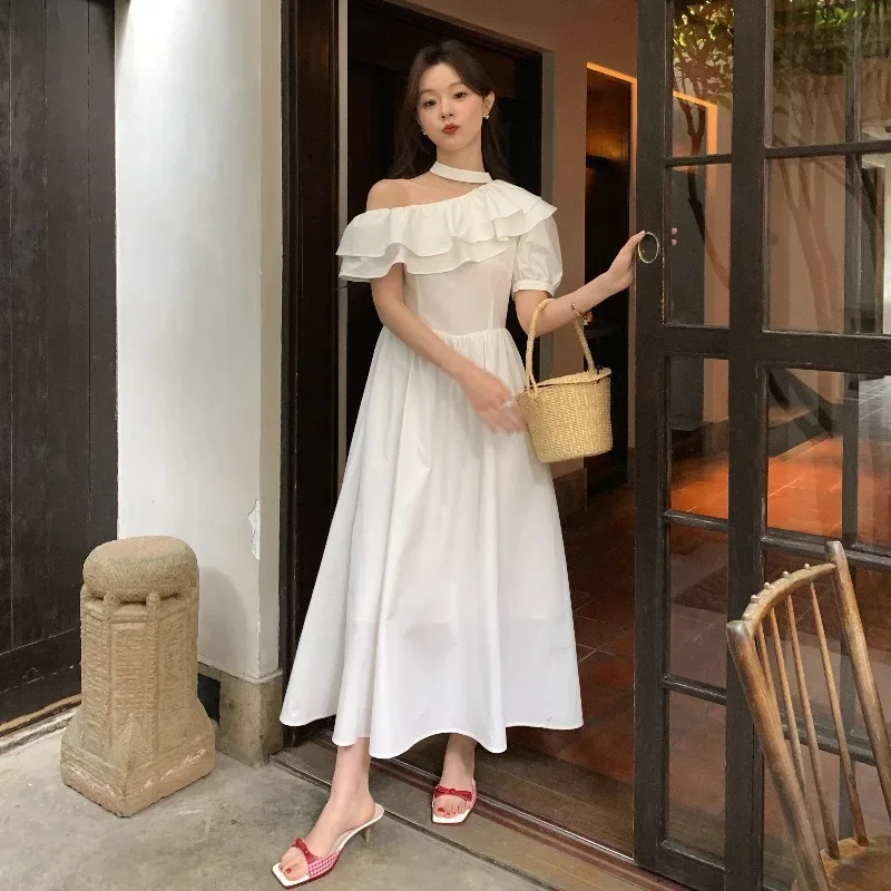 Artistic Retro Design Women Long Skirt Summer French Style Halter Temperament Off The Shoulder Sloping Collar Ruffled Edge Dress