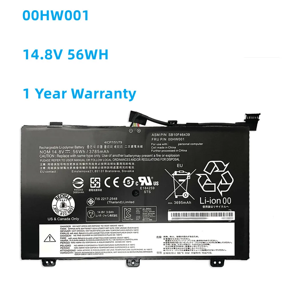 00HW001 14.8V 56WH Laptop Battery For Lenovo ThinkPad S3 Yoga 14 Series Notebook 00HW000 SB10F46438 4ICP7/52/76