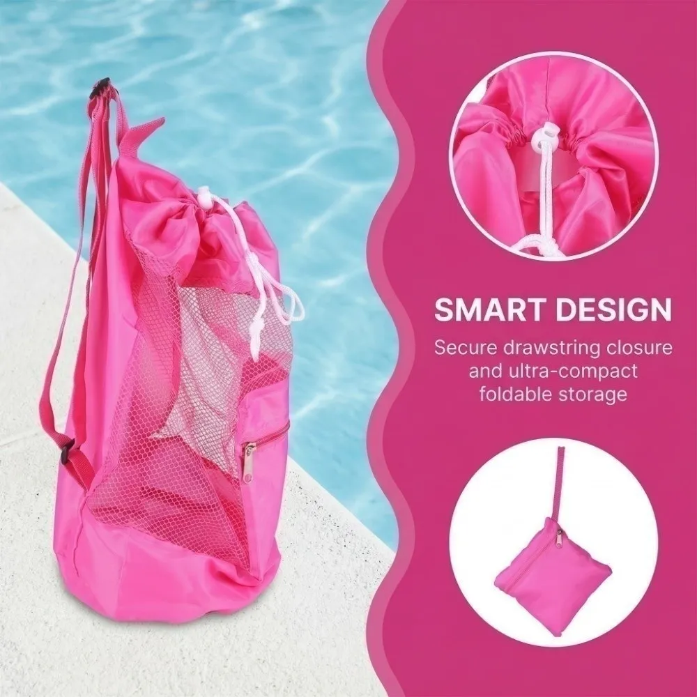 Portable Design Mesh Drawstring Backpack Washable Material Drawstring Closure Shell Bag Polyester Large Mesh Beach Storage Bag