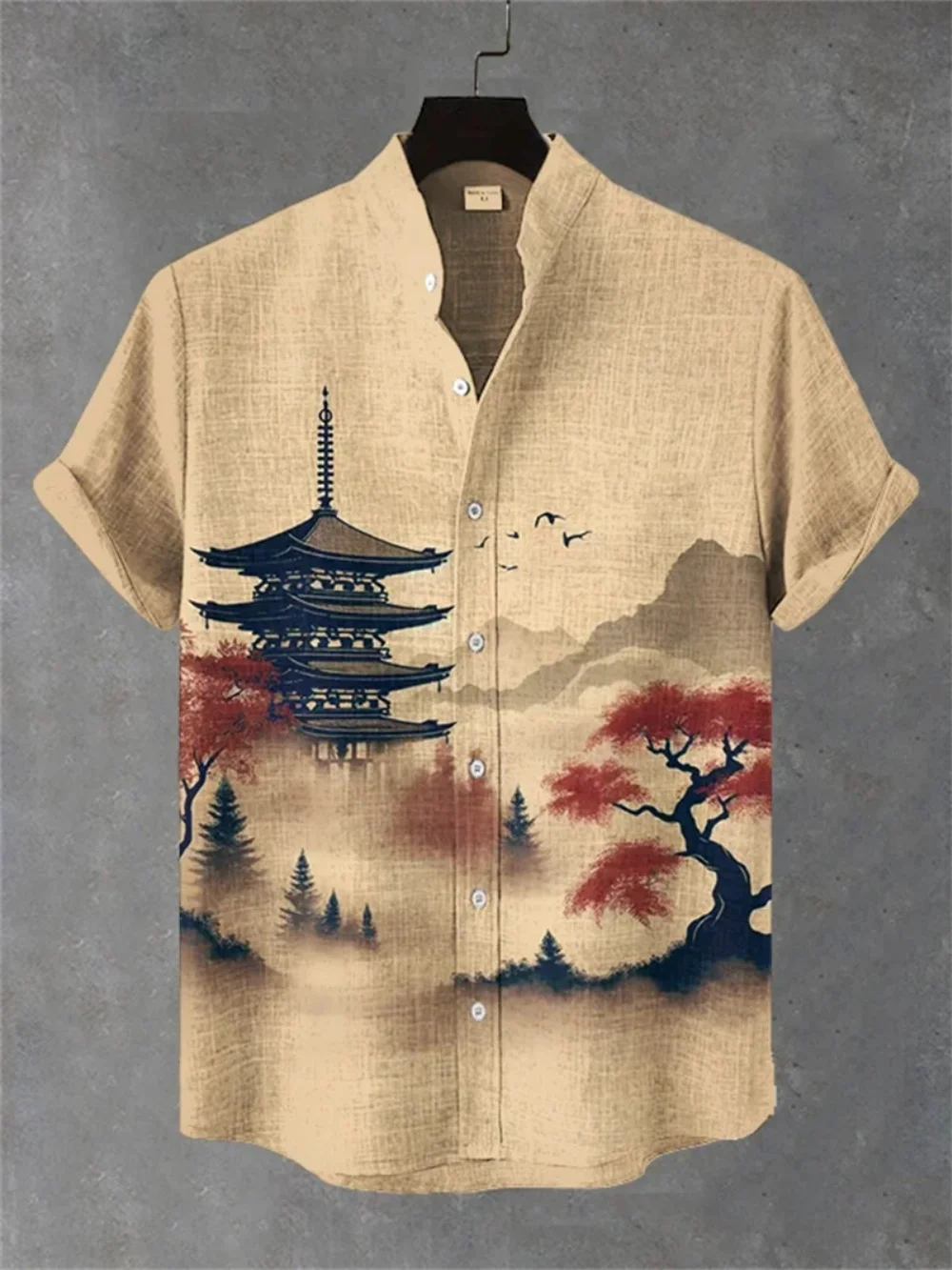 قميص ريترو راكون واريور مطبوع بأكمام قصيرة وياقة واقفة وأزرار لأعلى ملابس هاواي قابلة للتنفس للرجال