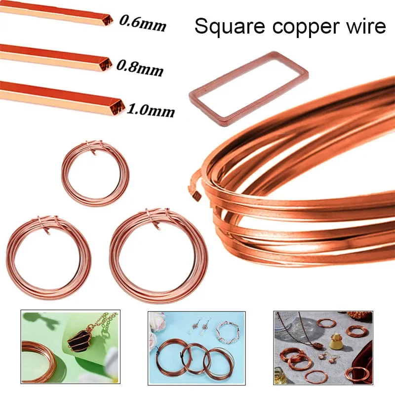 6M/roll Bare Copper Wire 0.6mm 0.8mm 1mm Square Copper Wire Craft Jewelry Wire for Jewelry DIY, Bracelets Earring