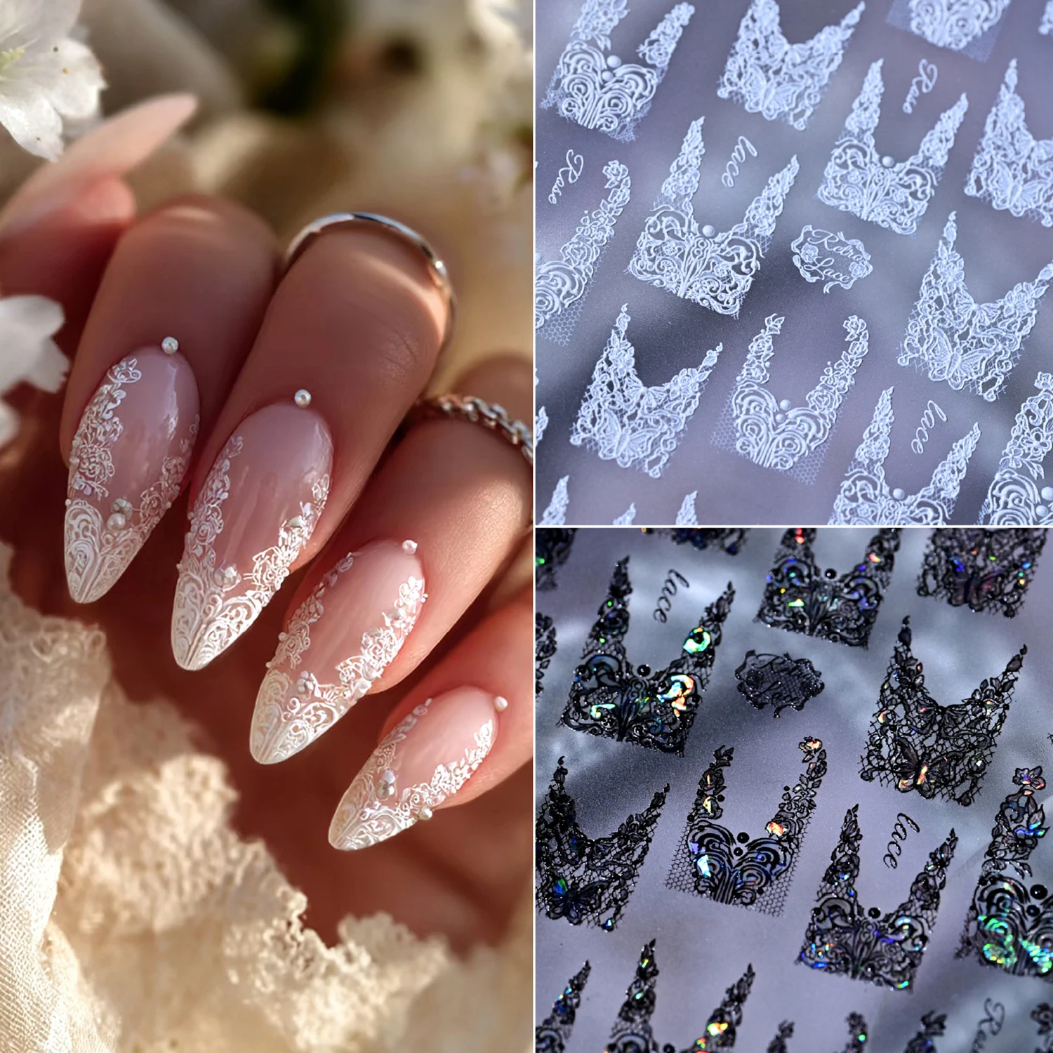 1 Stück 5D Gothic Elegante Spitzen-Nagelkunst-Aufkleber V-förmiges französisches Spitzen-Design Nagelsticker Selbstklebender Spitzen-Nagelslider 8*10cm # – Detail 4