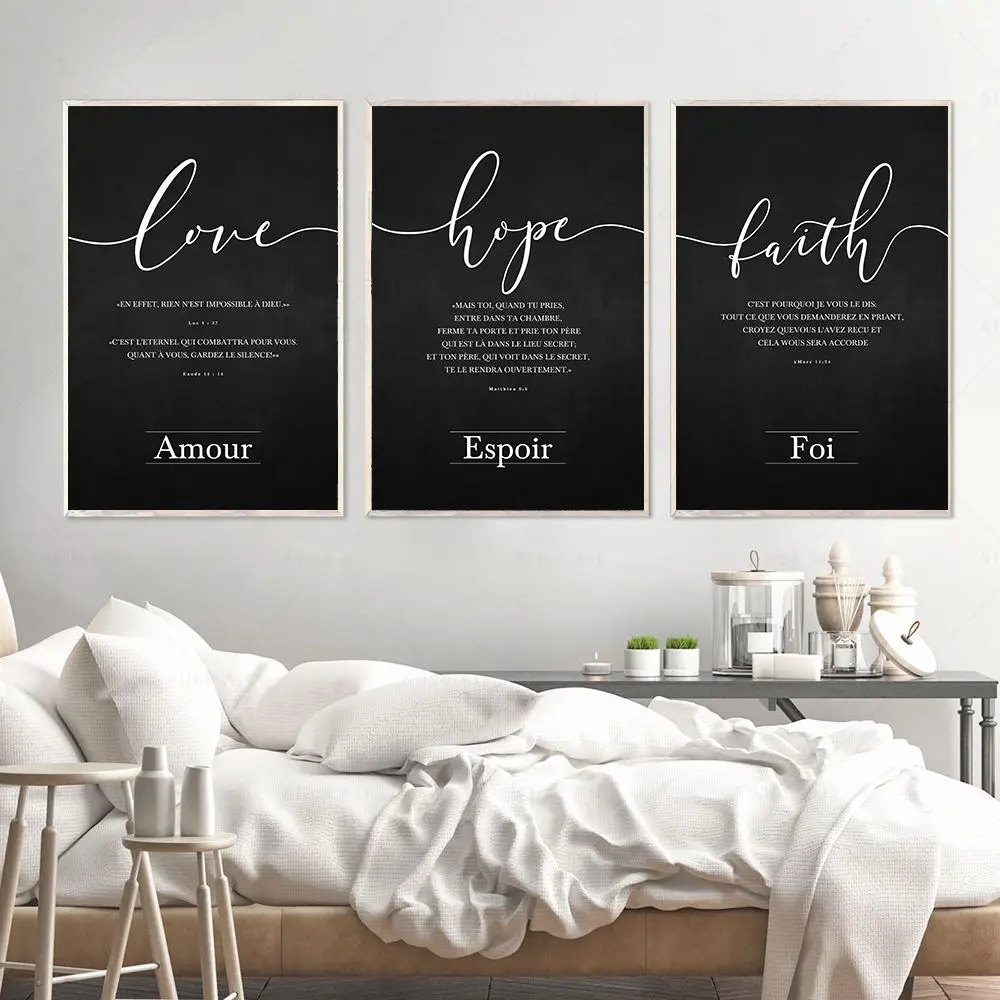 Faith Hope Love Bible Verse French Wall Art Poster and Print Canvas Painting Nordic Wall Picture for Living Room Christian Decor