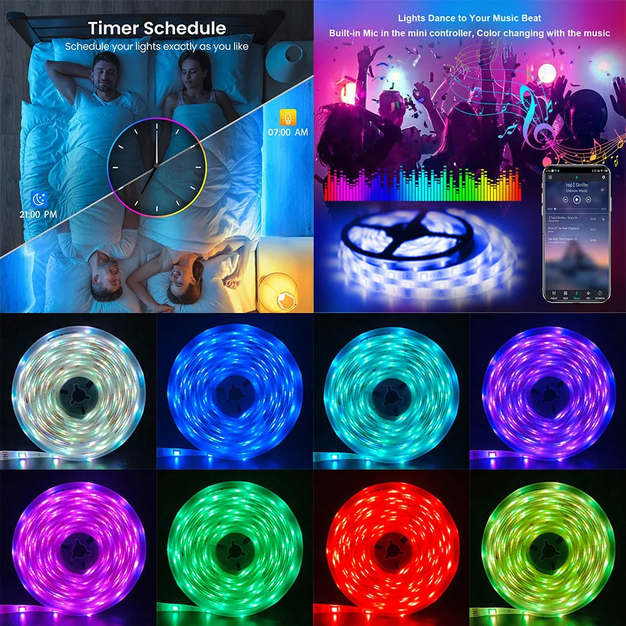 USB 5050 RGB LED Strip Bluetooth & Remote Control, Modes Music Sync Millions Gradient Colors Dimmable Bedroom Festival Decor
