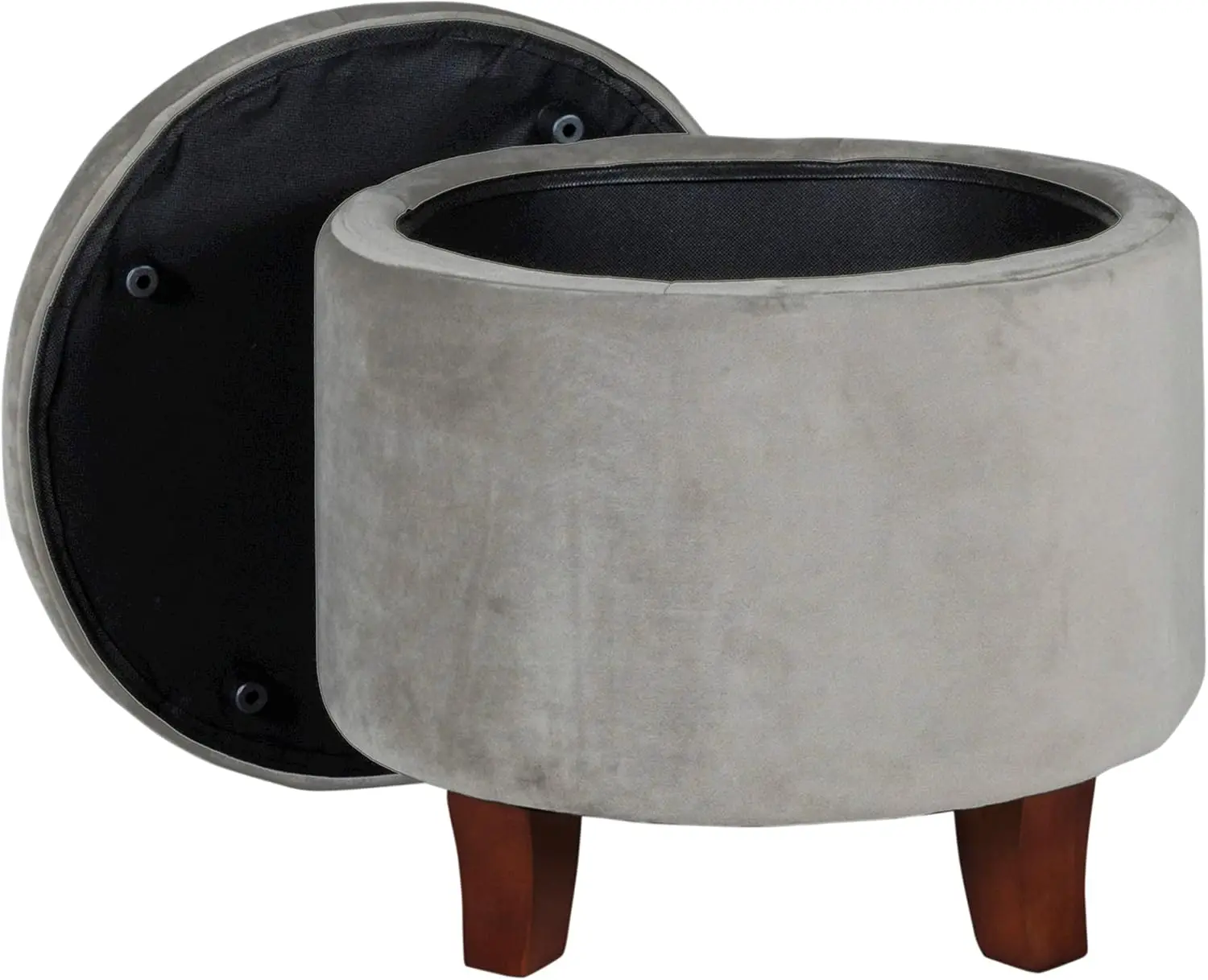 

By Kinfine Fabric Upholstered Round Storage Ottoman - Velvet Button Tufted Ottoman With Removable Lid, Light Gray Small