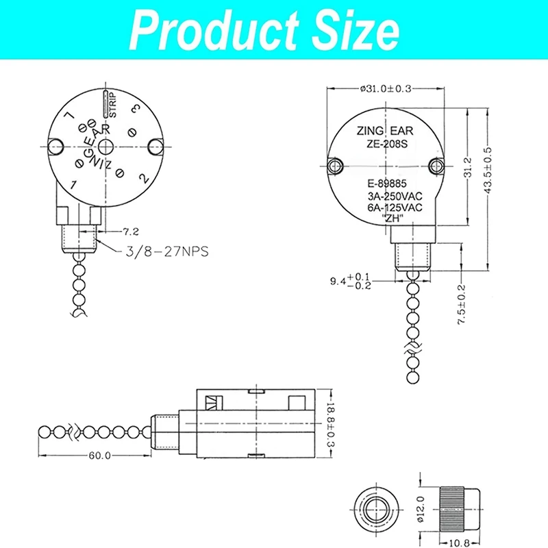 Ceiling Fan Lights Switch Zingear ZE-208S E89885 3 Speed 4 Wire Fan Switch Pull Chain ,Fan Lights Switch