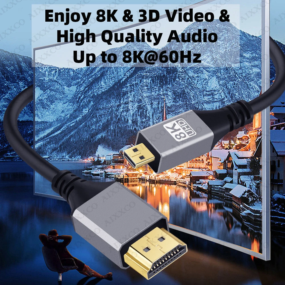 Kabel AIXXCO Micro HDMI 2.1 8K 60Hz do Raspberry Pi 4 GoPro Hero 7 Black Hero 5 4 6 Kamera do laptopa HDTV