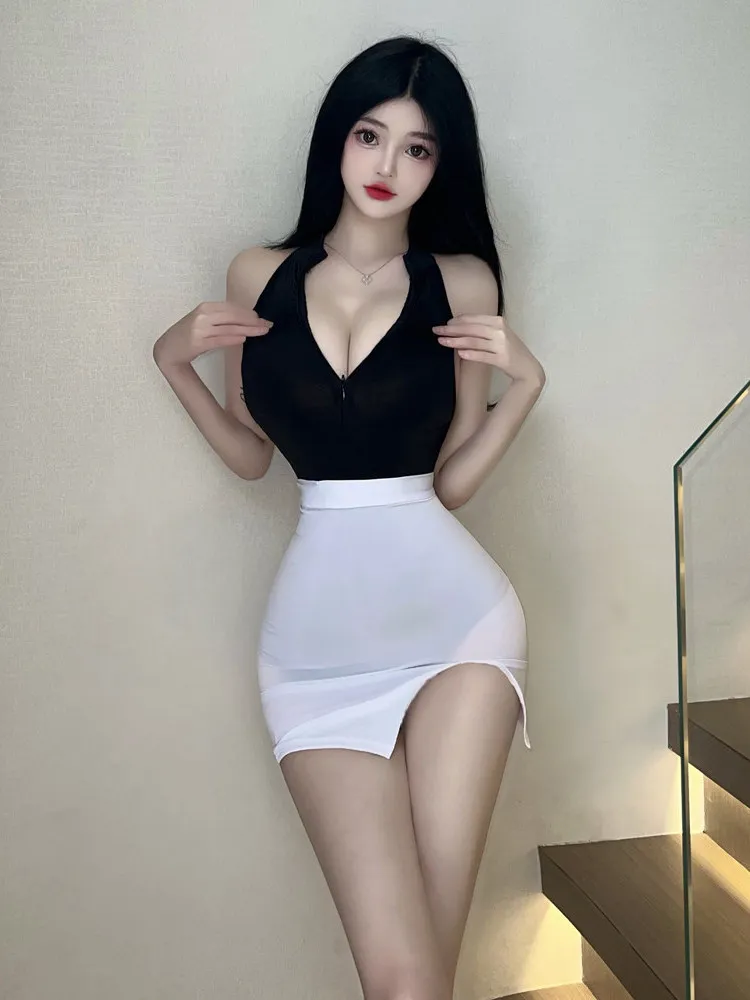 

Pure Desire Sexy Deep V Ne Svel Hanging Ne Underwear Body Suit with High Waist Skirt Two Piece Set for Women