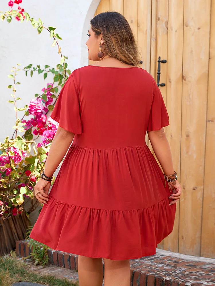 GIBSIE Plus Size Ethnic style Tassel Tie Neck Summer A-Line Dress 2024 New Women Short Sleeve Holiday Boho Ruffled Mini Dresses