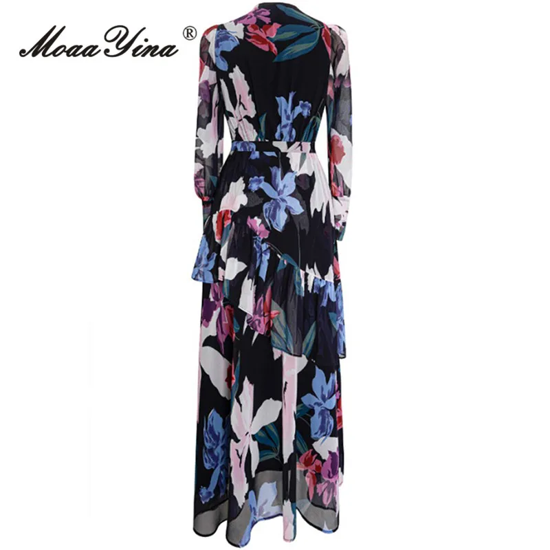 MoaaYina Spring Fashion Runway Vintage Floral Print Dress Women V Neck Ruched High Waist Ruffles Spliced Temperament Long Dress