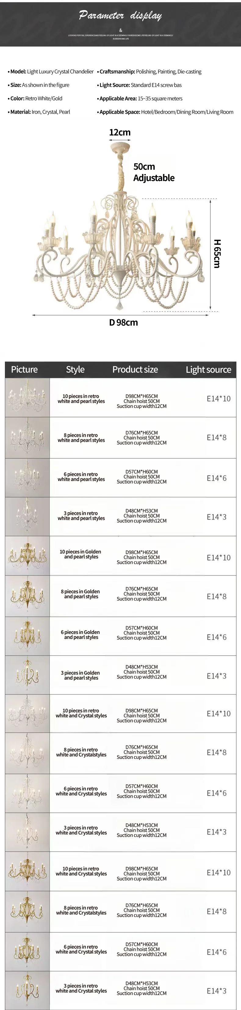 American Retro E14 LED Chandelier Pastoral White Metal