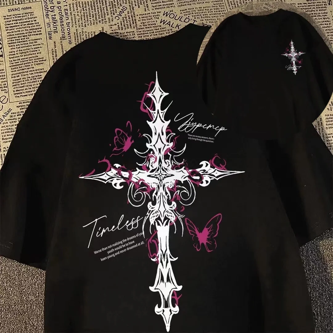 2026 Hip-Hop Cross-Print Loose-Fit Baumwoll-T-Shirt mit kurzen Ärmeln für Herren, Damen und Kinder, Amerikanischer High-Street-Stil für den Sommer – Detail 7