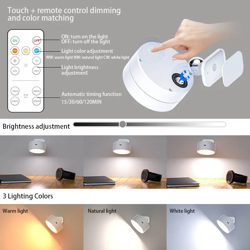 LED Wall Light Touch Lamp USB Rechargeable Dimmable 3-level Brightness Magnetic Wall Mounted 360° Rotation Bedside Decor Fixture