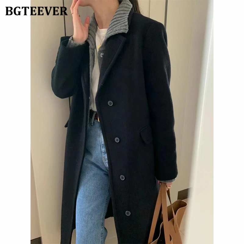 BGTEEVER Winter Long Sleeve Warm Women Woolen Coats Vintage Lapel Single-breasted Ladies Blend Overcoats