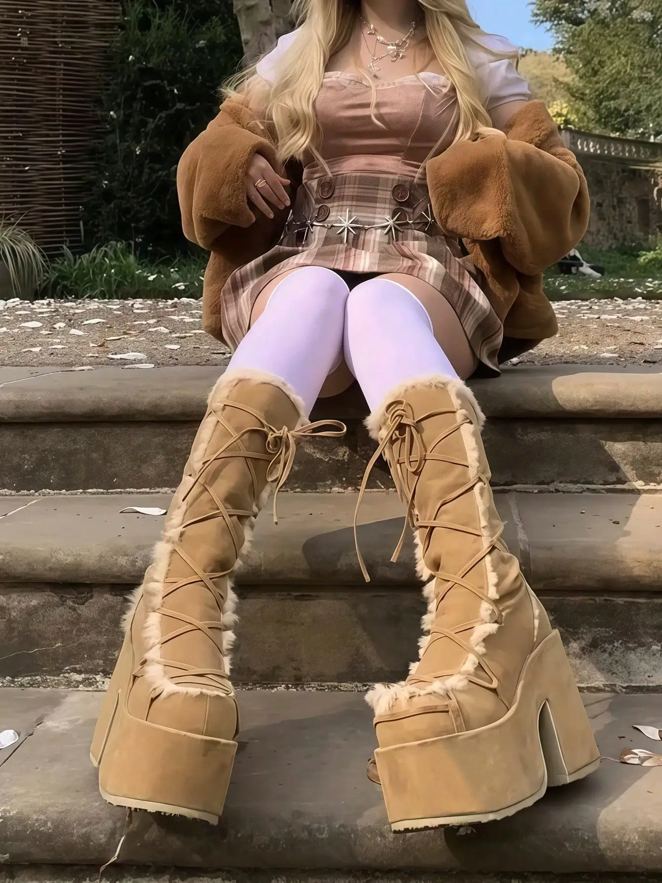 Women's Christmas Winter Furry Snow Boots Womens Mid Calf Boots Lace Up Zip Block Chunky High Heel Punk Goth Warm Fur Winter Snow Platform Knee High Boots - view 2