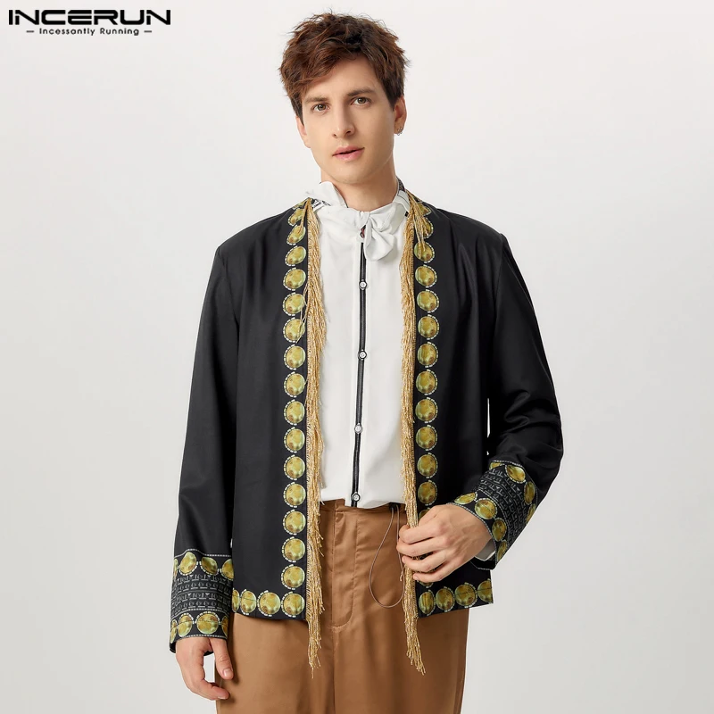 INCERUN Tops 2024 American Style Men's Fashion Ethnic Print Tassel Long Sleeved Cardigan Blouse Casual Long Sleeved Blouse S-5XL