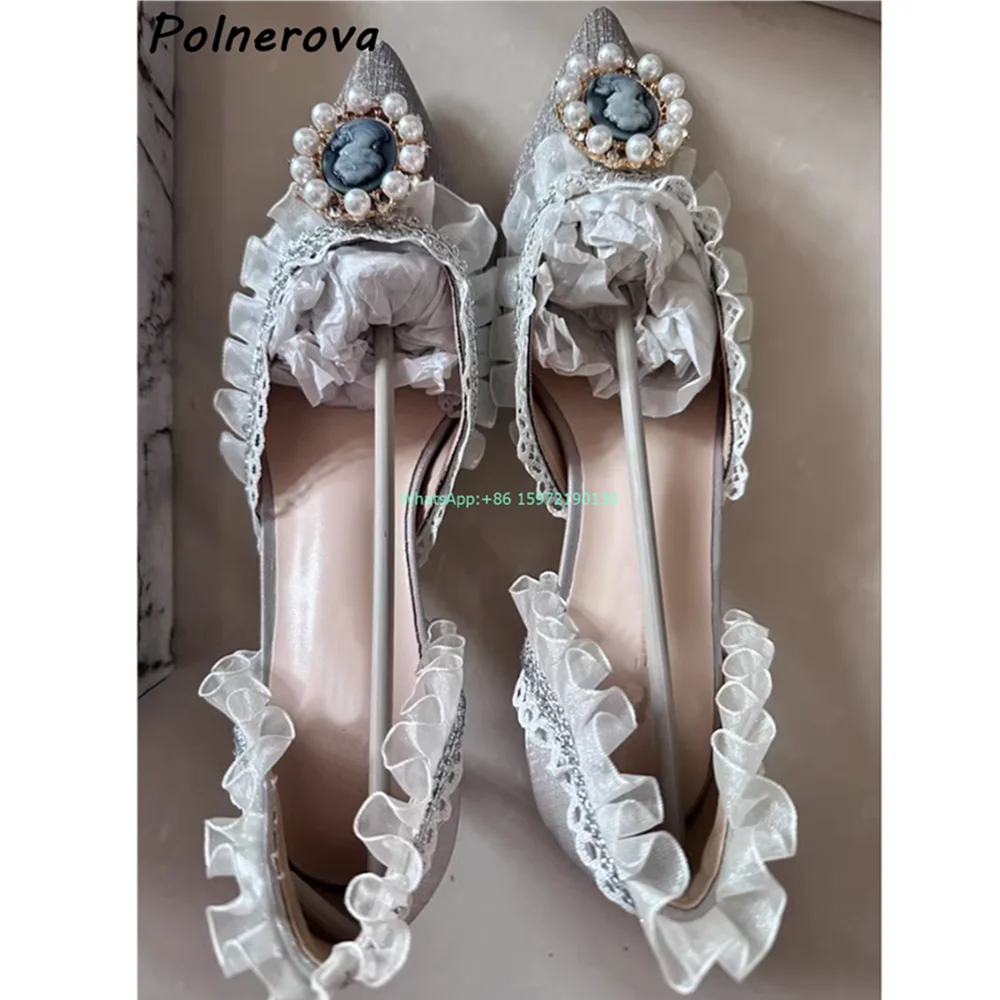 Silvery Lesbian Pearl Ring Pumps Pointy Toe Slip On Kitten Heels Shoes Luxury Bling Romantic Sweet Princess Wedding Shoes