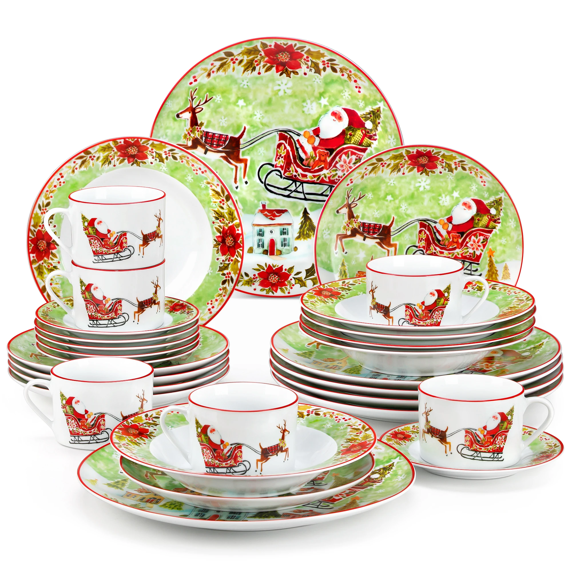 VEWEET 30 Piece Christmas Tableware Set SantaClaus Christmas Elk Set Plate with 6PCS Dinner Plate/Dessert/Soup/Cup/Saucer For 6