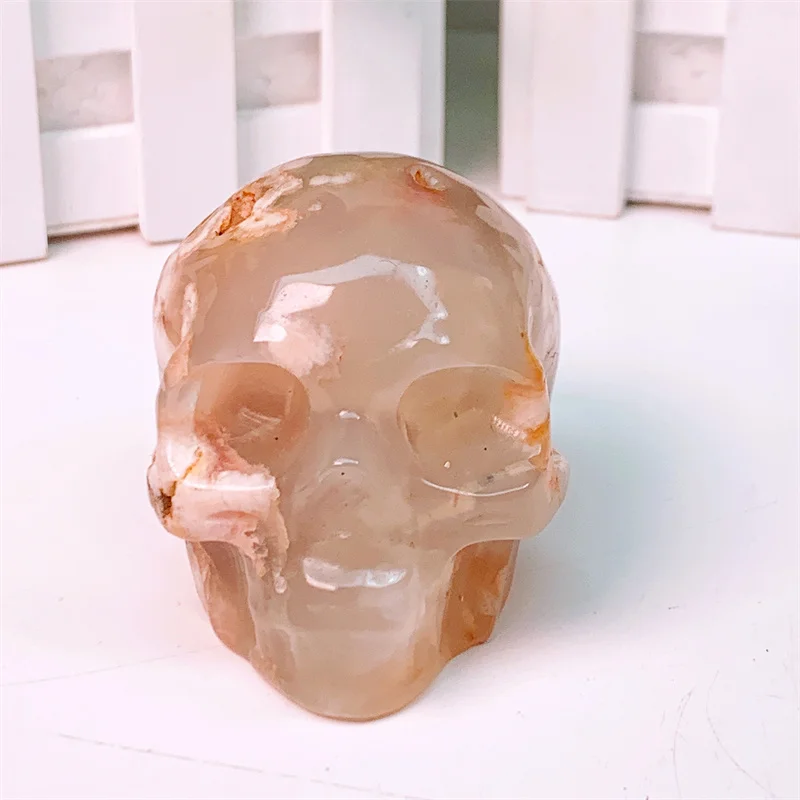 

Natural Flower Agate Skull Carvings, Mini Statue Figurine, Crystal Stone, Room Decor, Halloween Decoration, Gift, 293G, 1Pc