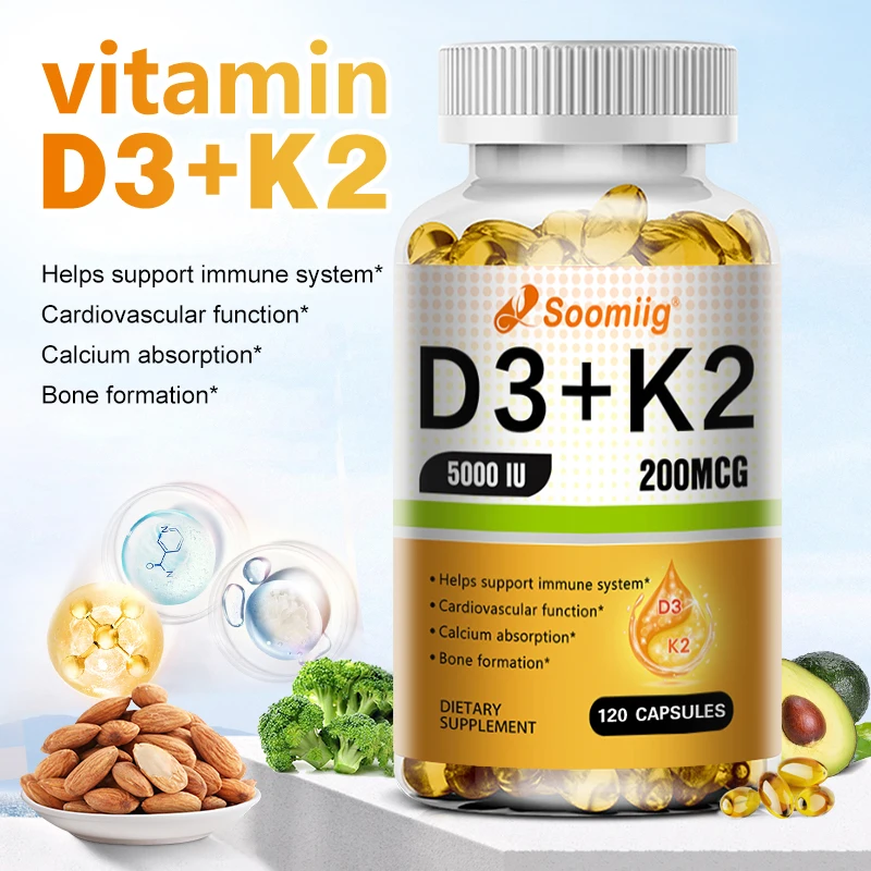 

Vitamin D3+K2 Capsules - Support Calcium Absorption Bone Teeth Heart Brain Health Joints Immune Function Dietary Supplement