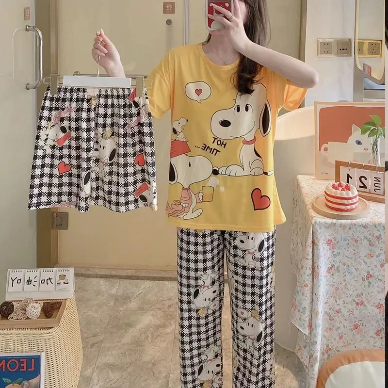 Hello Kitty 3Pcs Pajamas Set Sanrioed Anime Kawaii Spring Summer Loungewear for Women Short Sleeve Shorts Pants Girl Loose Cute