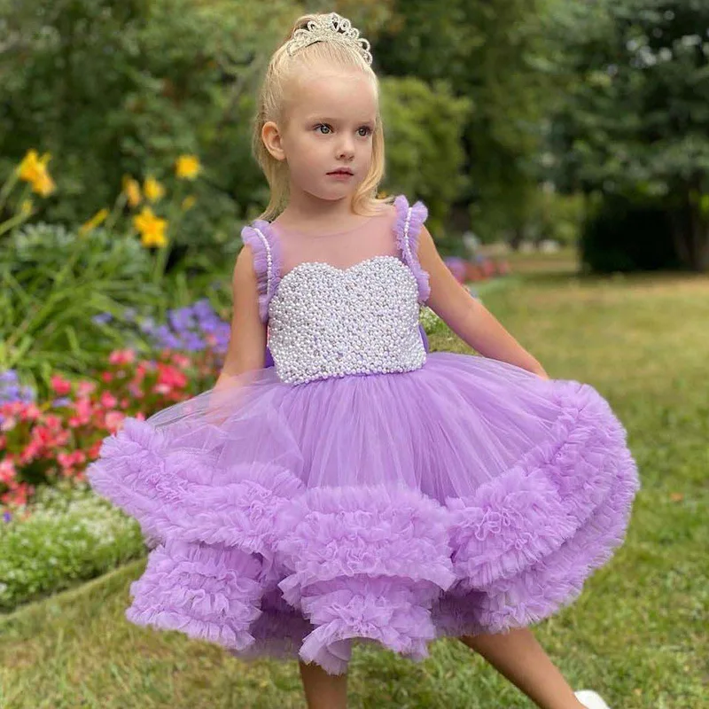 Girls Children Flutter Sleeve Pearl Princess Party Dress Performance Flower Girl Pageant Tiered Cake Gown Birthday Host Eids
