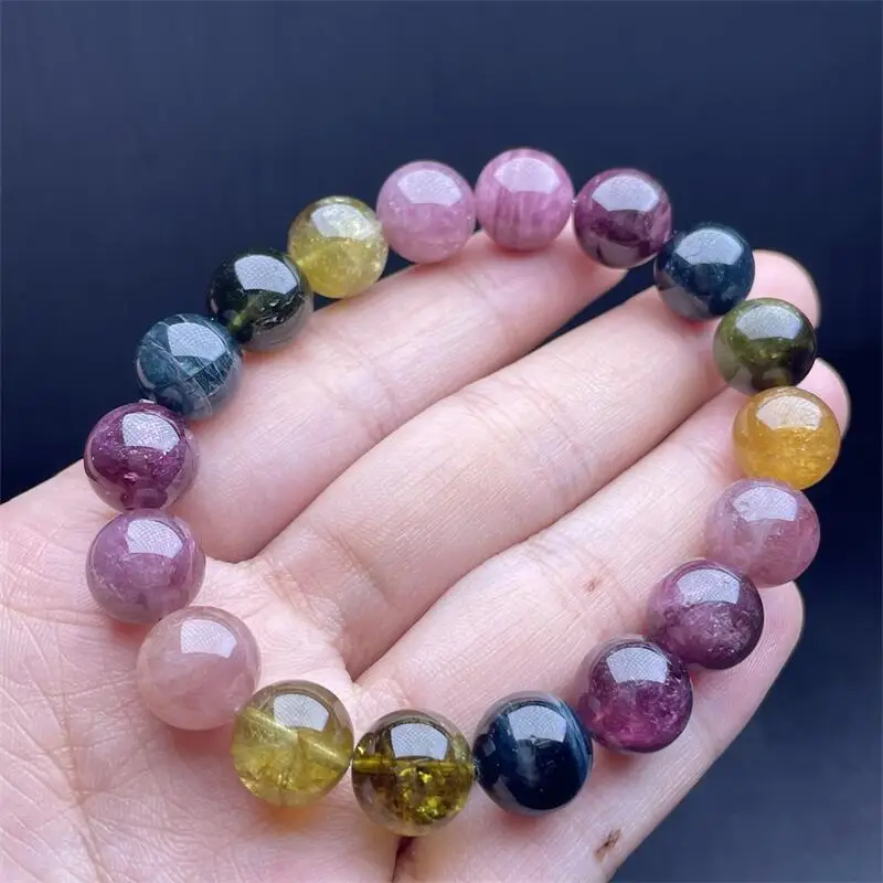 12MM Natural Tourmaline Bracelet Women Fashion Round Stone Elegant Healing Strand Bangles Wristband Gift 1PCS