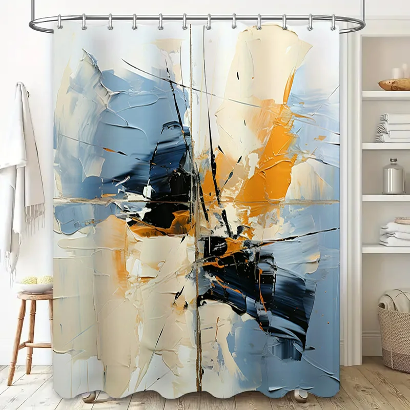 Abstract Art Print Shower Curtain Cream Blue White Black Gold Decorative Bathroom Window Fabric Panel for Home Living Room or Be