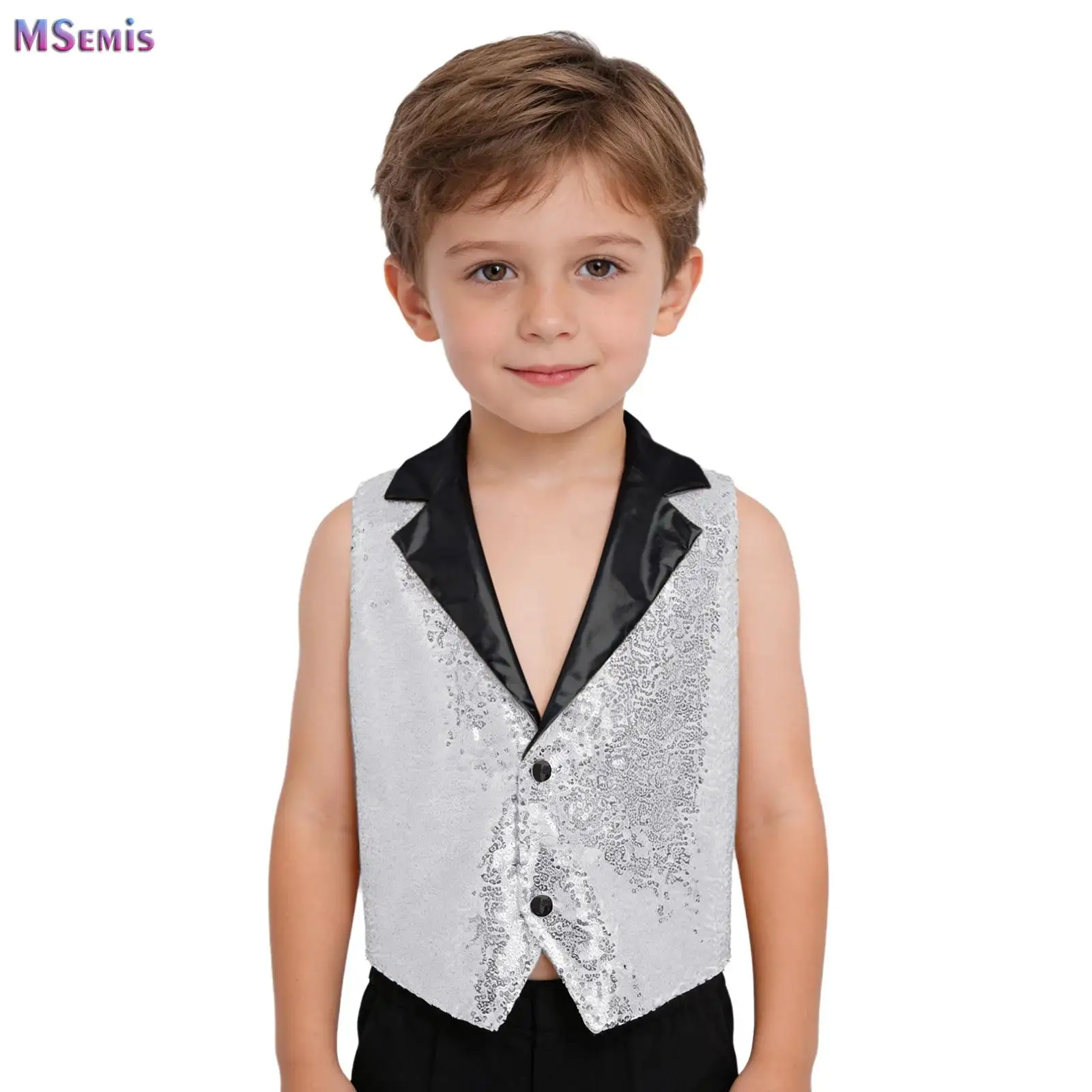 

Kid Boys Sparkling Sequin Vest Metallic Sleeveless Asymmetrical Hem Birthday Wedding Party Tops for Jazz Dance Stage Performance
