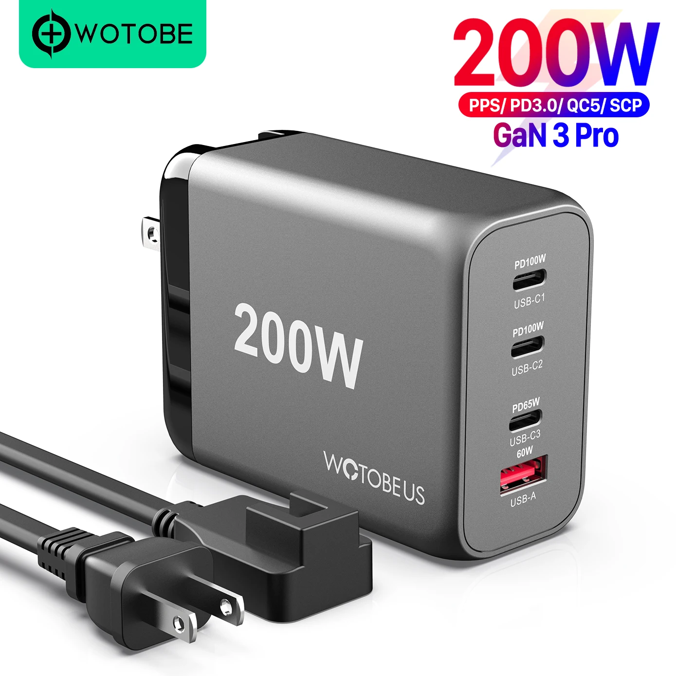 WOTOBE 200W GaN Wall Charger PD Type C USB Fast Charging Quick Charge PD100W PPS 65W 45W QC5 for iPhone 13 Por MacBook Samsung