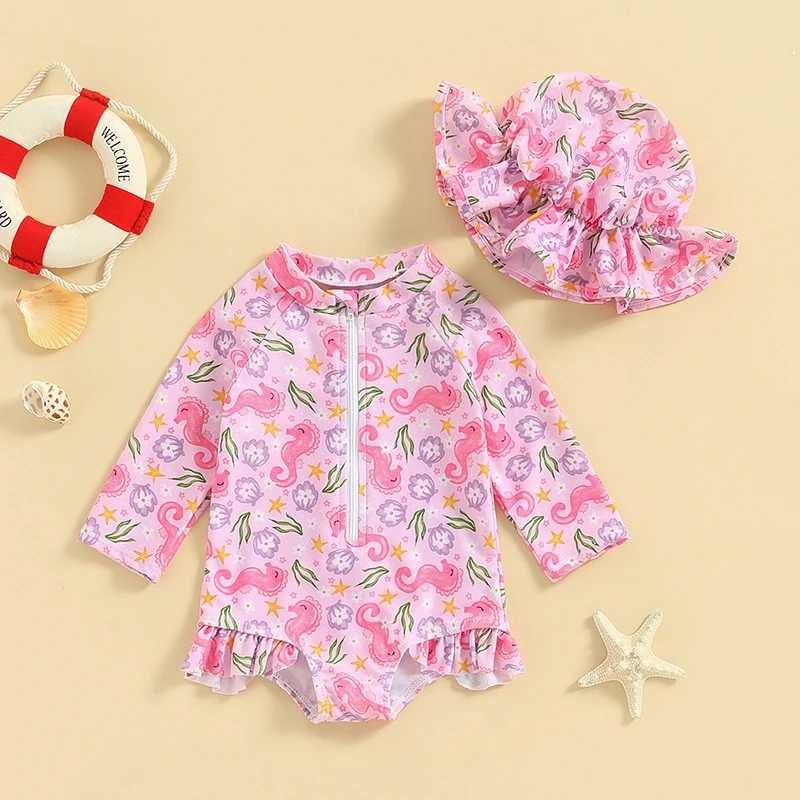 Toddler Girls Swimming Clothes Beach Swimwear Long Sleeve Seahorse/Turtle Print Romper Bathing Suit with Hat 2 Pieces Set