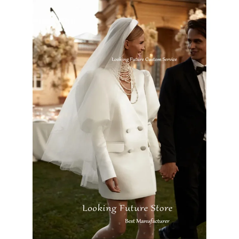 Aangepaste Eenvoudige Satijnen Schede Mini Trouwjurken Lange Bladerdeeg Mouw Sexy V-hals Plooi Knop Jurken Voor Bruid Ivoor Korte Jurk