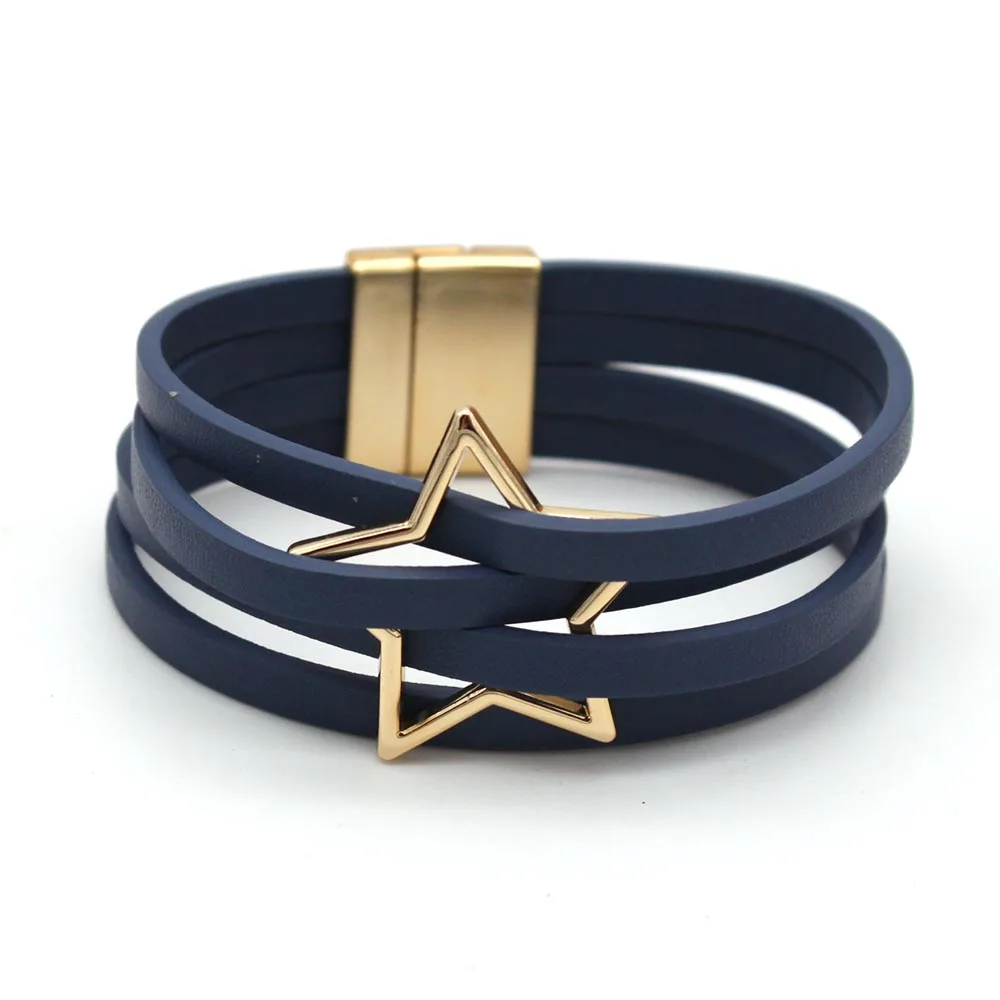 Handmade Star Pattern Imprint Hollow Charm Leather Bracelets for Women Multilayer Wrap Bracelet Bangle Unisex Jewelry Gifts