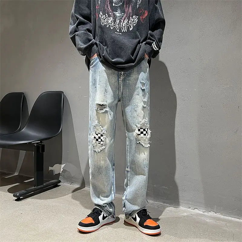 Checkerboard ripped denim pants men American high street straight leg casual pants plankton hipster beggar pants blow the street