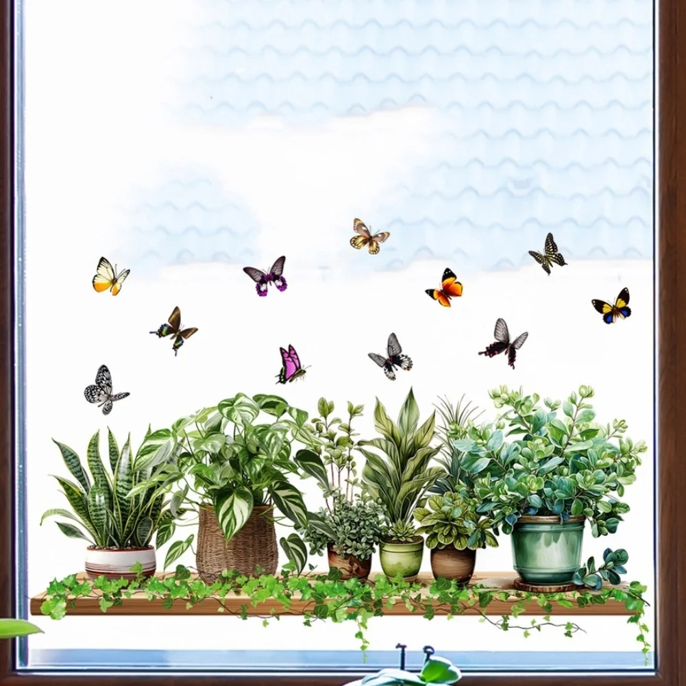 Botanical-Themed Glass Clings with Leaf and Butterfly Patterns Designed for Home Office and Retail Space Decoration