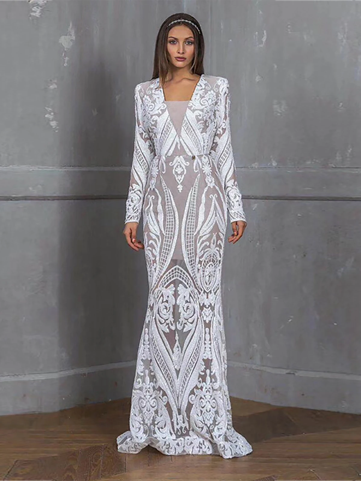 Cakrisyal dentelle brodĂ©e soirĂ©e femmes robe transparent Ă manches longues col en v Ă manches longues mince mariage femme fĂȘte Maxi robes