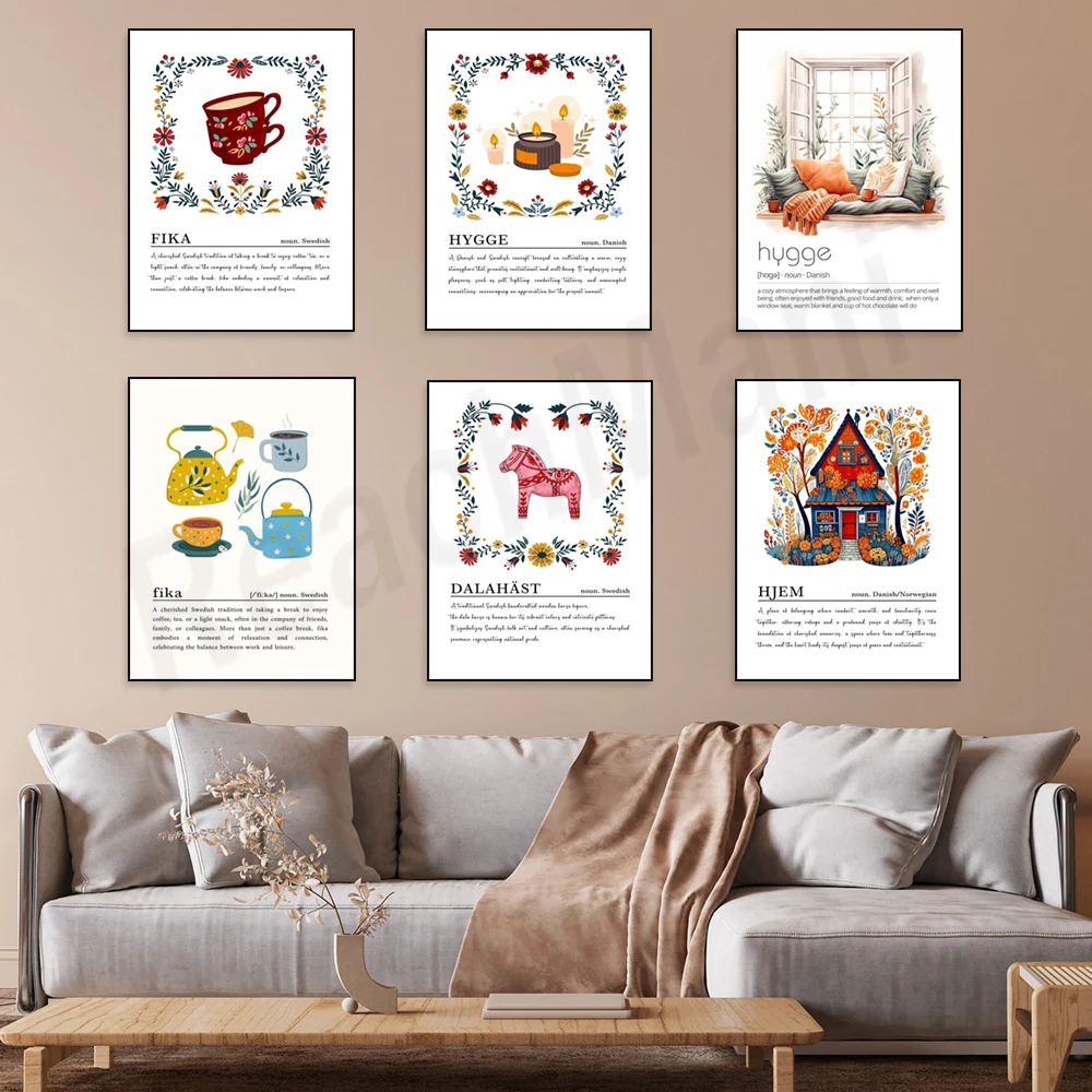 Impresión Hygge Scandi, impresión Fika, definición de palabras suecas, arte popular escandinavo, acogedor cartel de decoración de pared para el hogar, regalo folclórico danés
